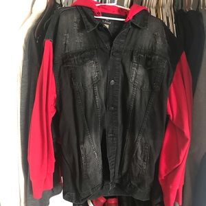 Black Jean Jacket with cotton red hood and sleeves